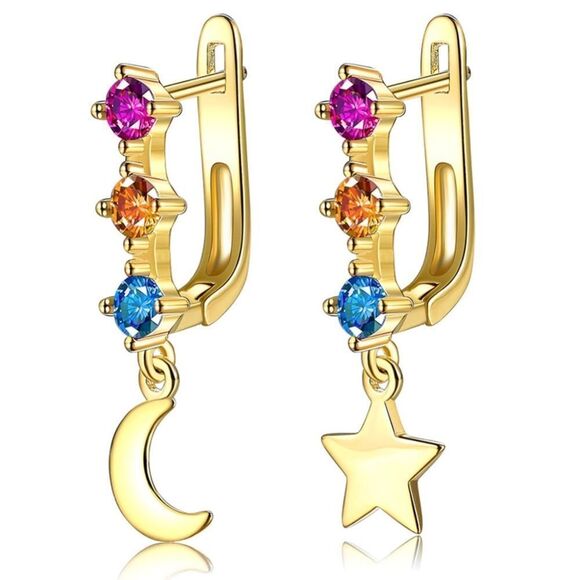 Yellow Gold with Multicolor Cubic Zirconia Moon and Star French Clip Earrings - Picture 1 of 7